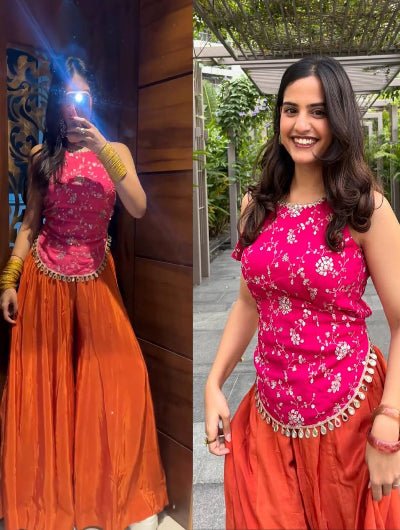 Orange &amp; Pink Embroidered Party Wear Sharara Top Set - BONYHUBSALWAR KAMEEZ