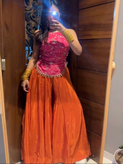 Orange &amp; Pink Embroidered Party Wear Sharara Top Set - BONYHUBSALWAR KAMEEZ