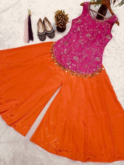 Orange &amp; Pink Embroidered Party Wear Sharara Top Set - BONYHUBSALWAR KAMEEZ