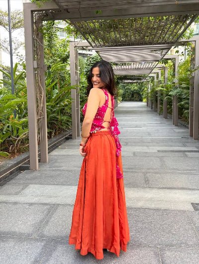 Orange &amp; Pink Embroidered Party Wear Sharara Top Set - BONYHUBSALWAR KAMEEZ