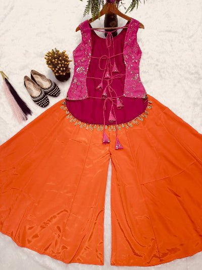 Orange &amp; Pink Embroidered Party Wear Sharara Top Set - BONYHUBSALWAR KAMEEZ