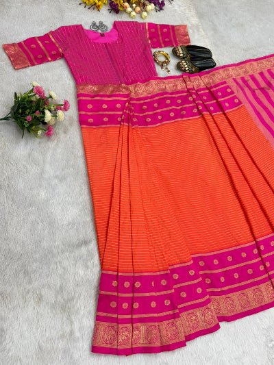 Orange Pink Silk Ready-to-Wear Saree Gown - BONYHUBSAREE