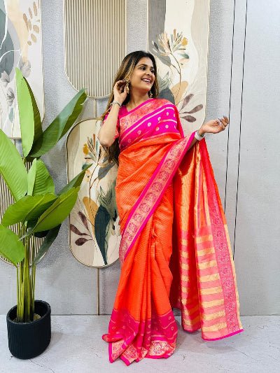 Orange Pink Silk Ready-to-Wear Saree Gown - BONYHUBSAREE