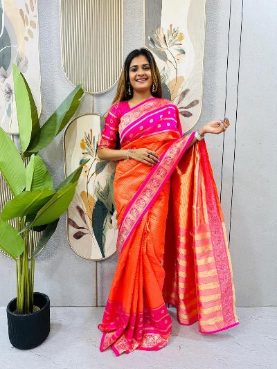 Orange Pink Silk Ready-to-Wear Saree Gown - BONYHUBSAREE