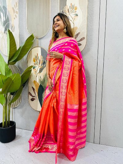 Orange Pink Silk Ready-to-Wear Saree Gown - BONYHUBSAREE