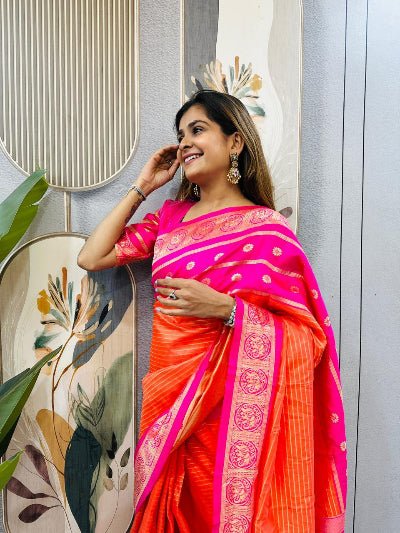 Orange Pink Silk Ready-to-Wear Saree Gown - BONYHUBSAREE