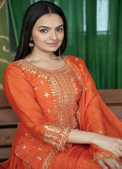 Orange Sequence Embroidery Work Palazzo Sharara Set - BONYHUBSALWAR KAMEEZ