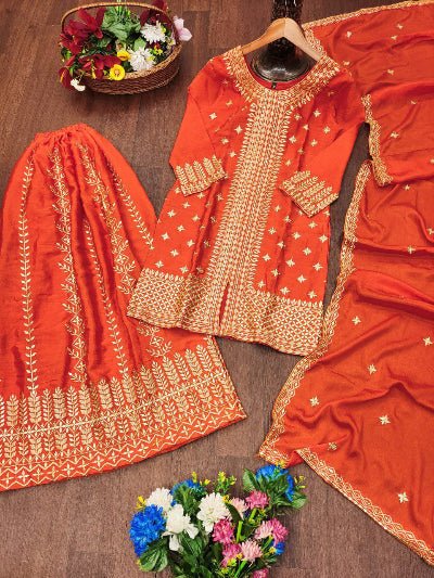 Orange Sequence Embroidery Work Palazzo Sharara Set - BONYHUBSALWAR KAMEEZ
