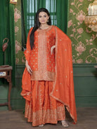 Orange Sequence Embroidery Work Palazzo Sharara Set - BONYHUBSALWAR KAMEEZ