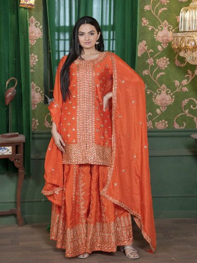 Orange Sequence Embroidery Work Palazzo Sharara Set - BONYHUBSALWAR KAMEEZ