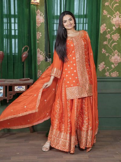 Orange Sequence Embroidery Work Palazzo Sharara Set - BONYHUBSALWAR KAMEEZ