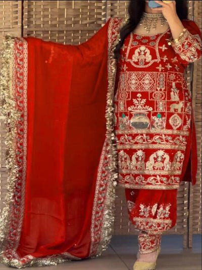 Orange Sequins Embroidered Work Punjabi Suit Set - BONYHUBSALWAR KAMEEZ