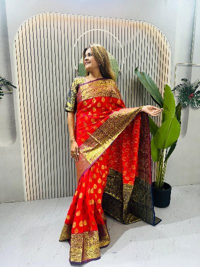 Orange Silk Jacquard Zip &amp; Go 10 Second Saree Gown - BONYHUBSAREE