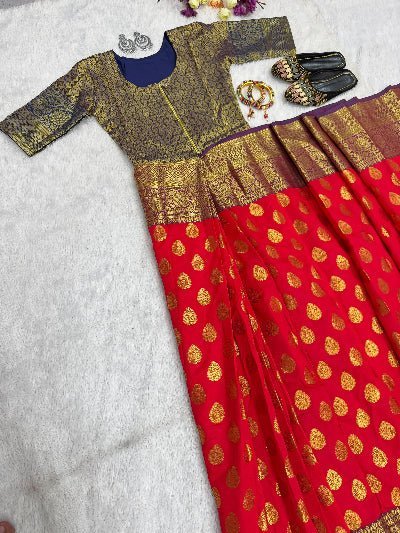 Orange Silk Jacquard Zip &amp; Go 10 Second Saree Gown - BONYHUBSAREE