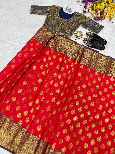 Orange Silk Jacquard Zip &amp; Go 10 Second Saree Gown - BONYHUBSAREE