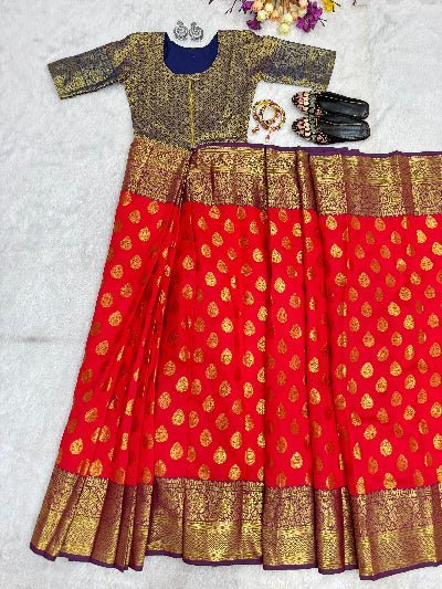 Orange Silk Jacquard Zip &amp; Go 10 Second Saree Gown - BONYHUBSAREE