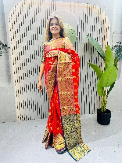 Orange Silk Jacquard Zip &amp; Go 10 Second Saree Gown - BONYHUBSAREE