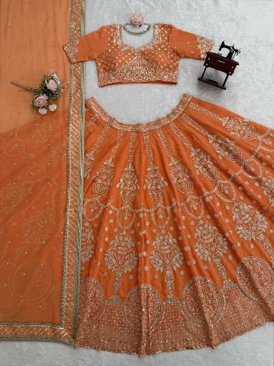 Orange Wedding Wear Embroidery Lehenga Choli Set - BONYHUBSALWAR KAMEEZ