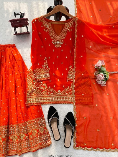 Orange Gold Embroidery Georgette Sharara Suit UK Next Day