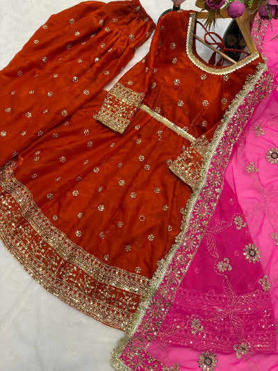 orange pink gold patiala punjabi dhoti salwar suit in UK 3