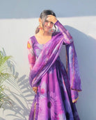Orchid Purple Floral Organza Anarkali Gown Dupatta Set Of 2 - BONYHUBSALWAR KAMEEZ