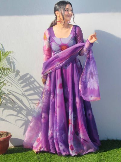 Orchid Purple Floral Organza Anarkali Gown Dupatta Set Of 2 - BONYHUBSALWAR KAMEEZ