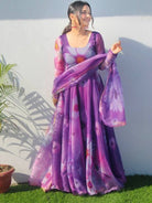 Orchid Purple Floral Organza Anarkali Gown Dupatta Set Of 2 - BONYHUBSALWAR KAMEEZ