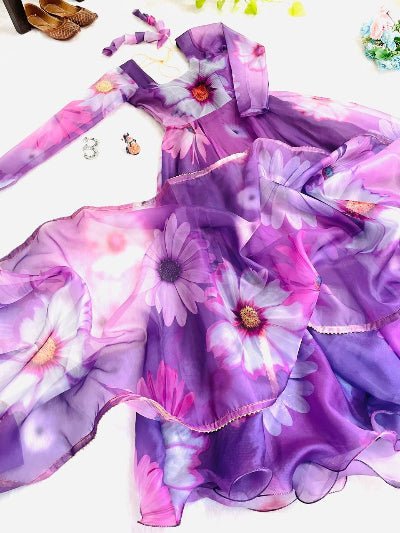 Orchid Purple Floral Organza Anarkali Gown Dupatta Set Of 2 - BONYHUBSALWAR KAMEEZ