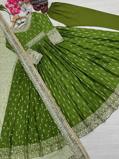 Parrot Green Designer Chinon Silk Embroidered Anarkali Suit - BONYHUBSALWAR KAMEEZ