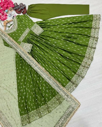 Parrot Green Designer Chinon Silk Embroidered Anarkali Suit - BONYHUBSALWAR KAMEEZ