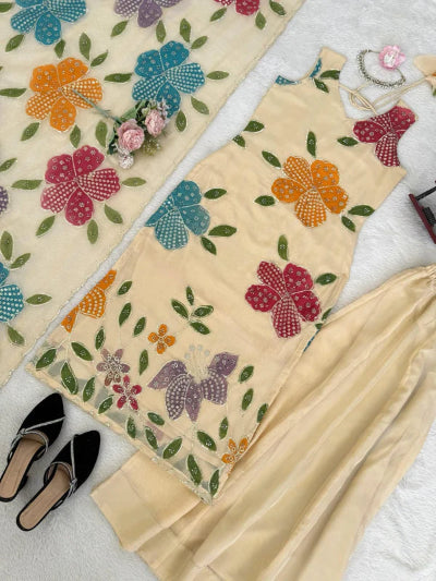 Beige Organza Silk Floral Salwar Kameez Palazzo Set