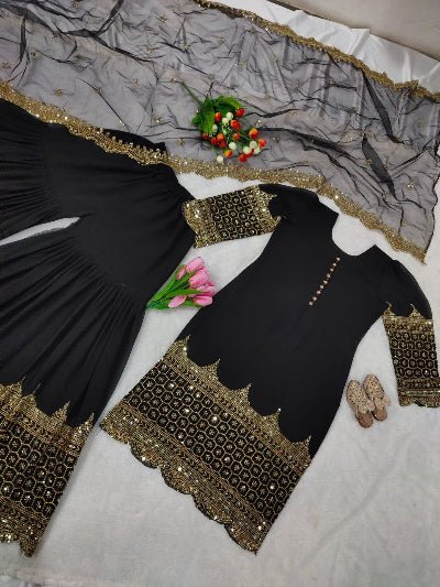 Partywear Black Gold Georgette Sharara Suit - BONYHUBSALWAR KAMEEZ
