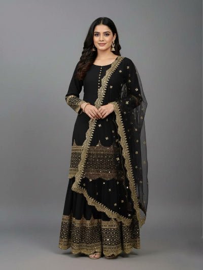 Partywear Black Gold Georgette Sharara Suit - BONYHUBSALWAR KAMEEZ