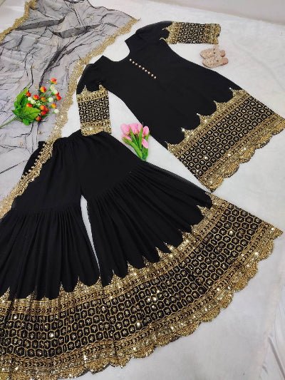 Partywear Black Gold Georgette Sharara Suit - BONYHUBSALWAR KAMEEZ