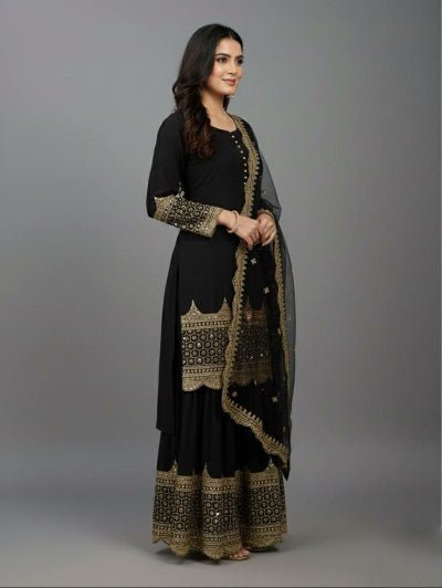 Partywear Black Gold Georgette Sharara Suit - BONYHUBSALWAR KAMEEZ