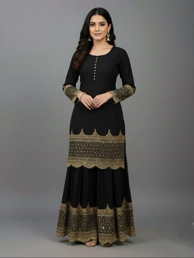 Partywear Black Gold Georgette Sharara Suit - BONYHUBSALWAR KAMEEZ
