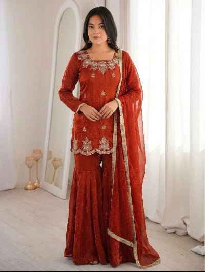 Partywear Embroidery Work Gharara Suit- 4 Colours - BONYHUBSALWAR KAMEEZ