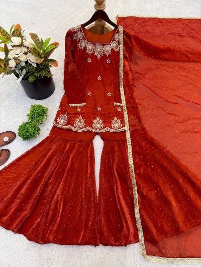 Partywear Embroidery Work Gharara Suit- 4 Colours - BONYHUBSALWAR KAMEEZ