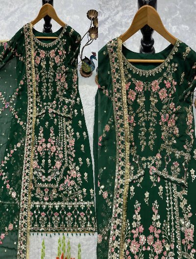 Partywear Embroidery Work Sharara Suit- Black &amp; Green - BONYHUBSALWAR KAMEEZ