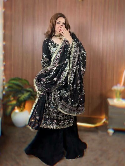 Partywear Embroidery Work Sharara Suit- Black &amp; Green - BONYHUBSALWAR KAMEEZ