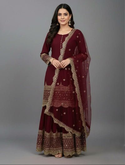 Partywear Maroon Gold Georgette Sharara Suit - BONYHUBSALWAR KAMEEZ