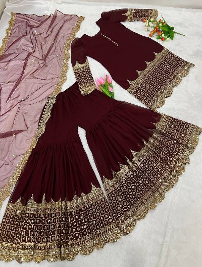 Partywear Maroon Gold Georgette Sharara Suit - BONYHUBSALWAR KAMEEZ