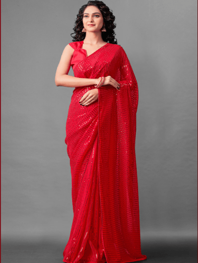 Partywear Red Georgette Sequins Saree UK Next Day - BONYHUBSAREE