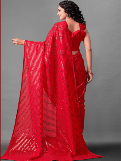 Partywear Red Georgette Sequins Saree UK Next Day - BONYHUBSAREE