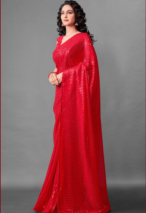 Partywear Red Georgette Sequins Saree UK Next Day - BONYHUBSAREE