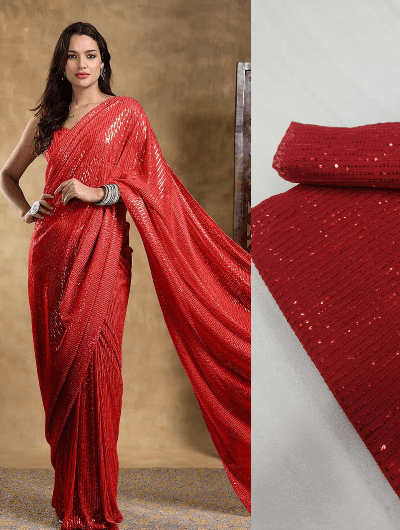 Partywear Red Georgette Sequins Saree UK Next Day - BONYHUBSAREE