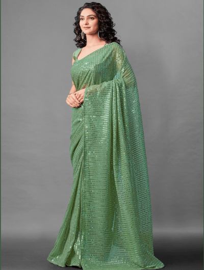 Partywear Sea Green Georgette Sequins Saree UK Next Day - BONYHUBSAREE