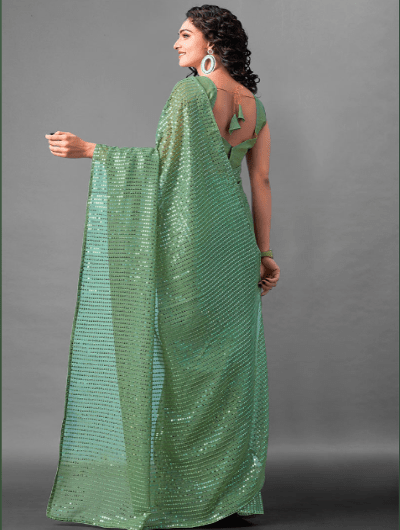 Partywear Sea Green Georgette Sequins Saree UK Next Day - BONYHUBSAREE