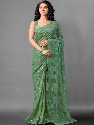 Partywear Sea Green Georgette Sequins Saree UK Next Day - BONYHUBSAREE