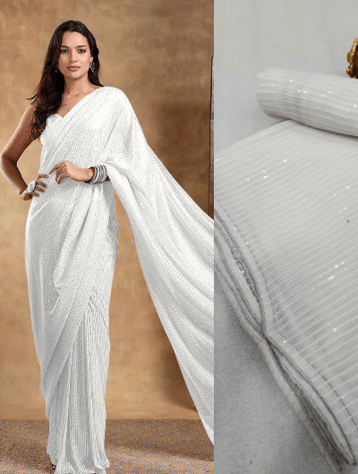 Partywear White Georgette Sequins Saree UK Next Day - BONYHUBSAREE